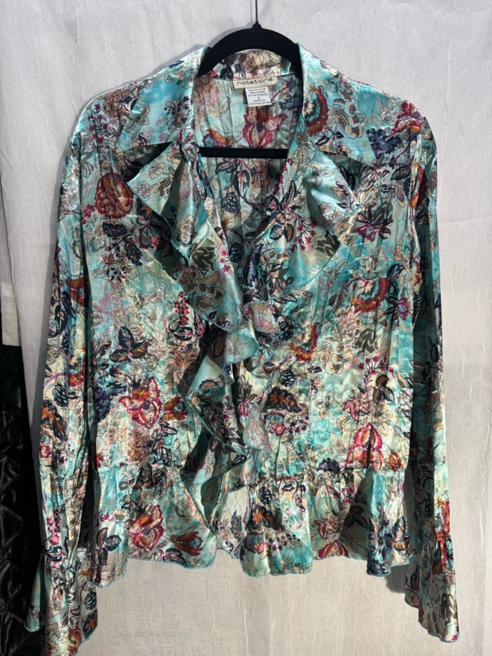 Notations Teal Multicolor Floral Pleated body Ruffle Blouse